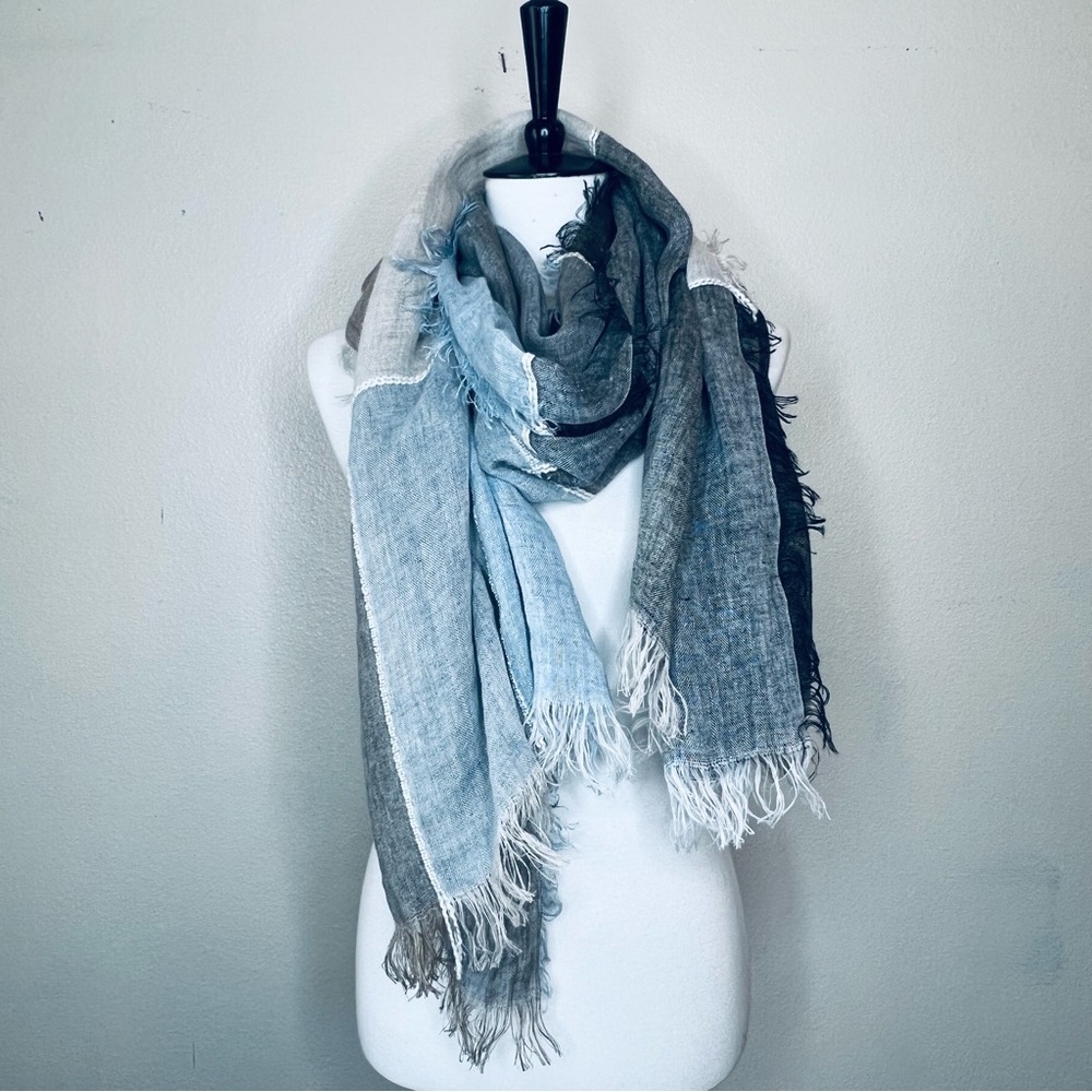 Eileen Fisher linen Cotton blend neutral color block scarf wrap fringe trim